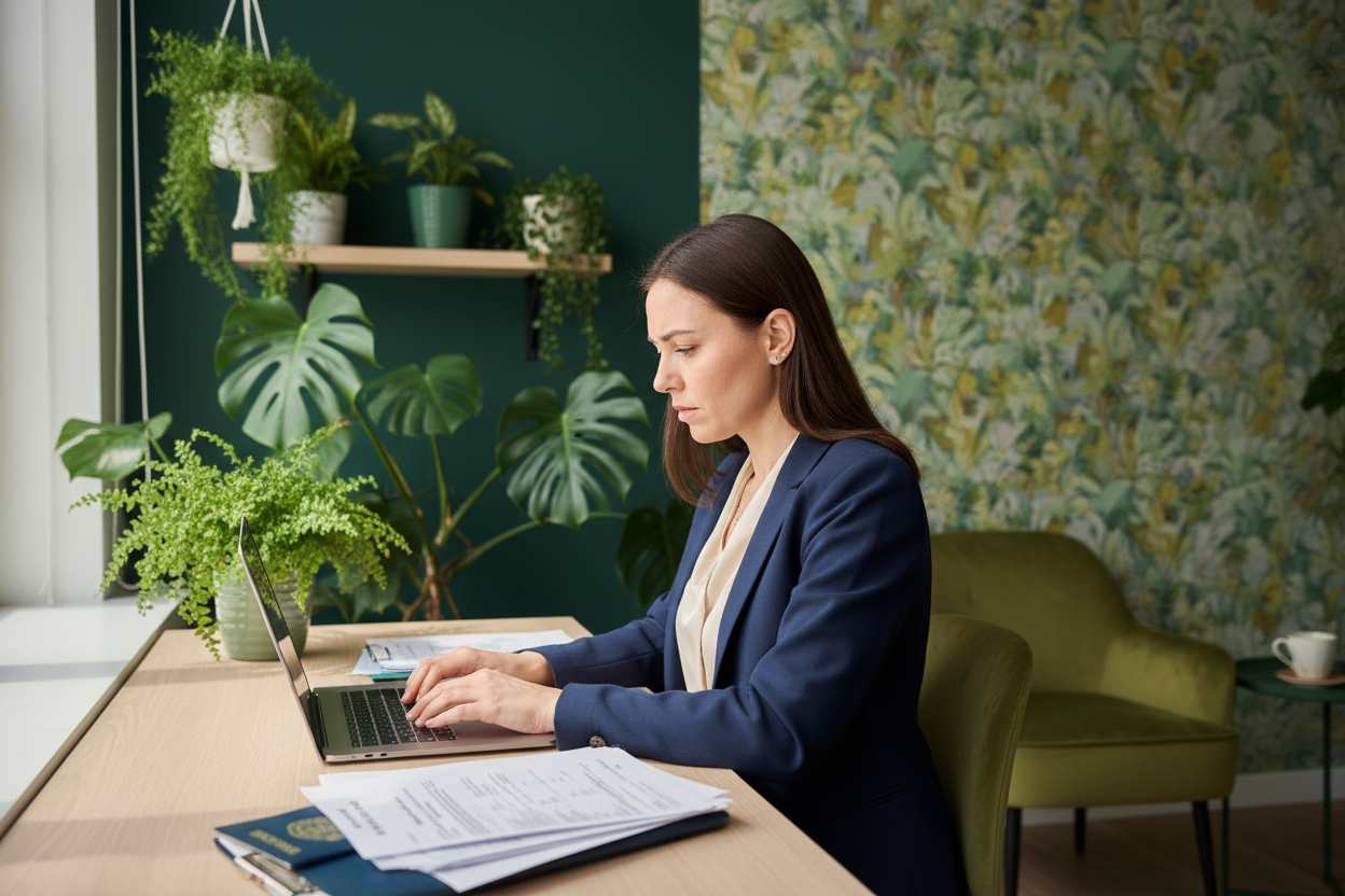 woman consultant work hard on visa application on laptop in green welcoming office
